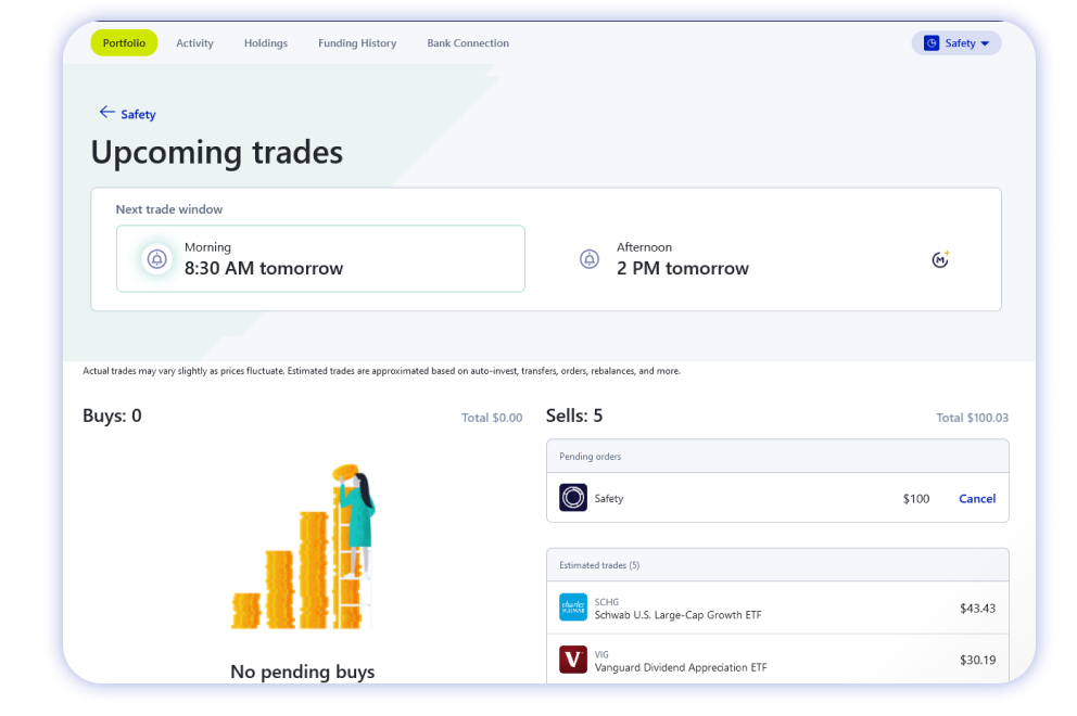 M1 Finance web account screen showing upcoming trades