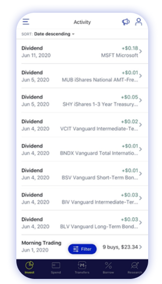 M1 Finance mobile account showing dividends under activity tab