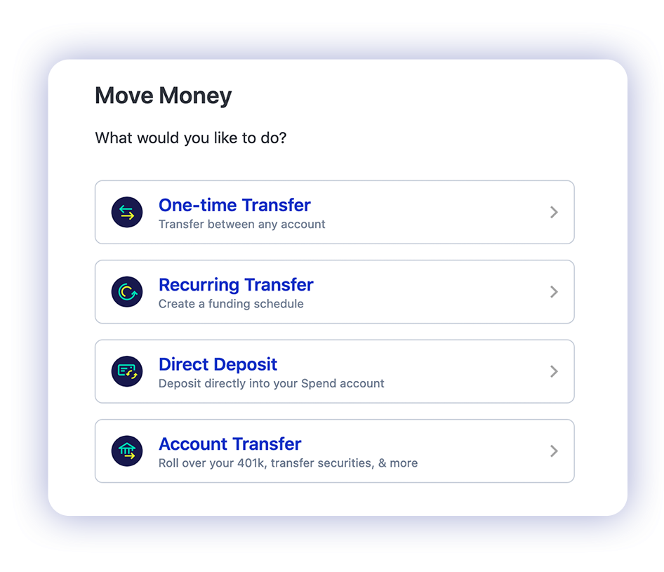 M1 Finance account screen showing transfer options (one-time transfer, recurring transfer, direct deposit, account transfer)