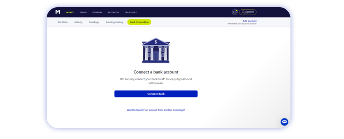 M1 Finance account web screen showing bank connection tab