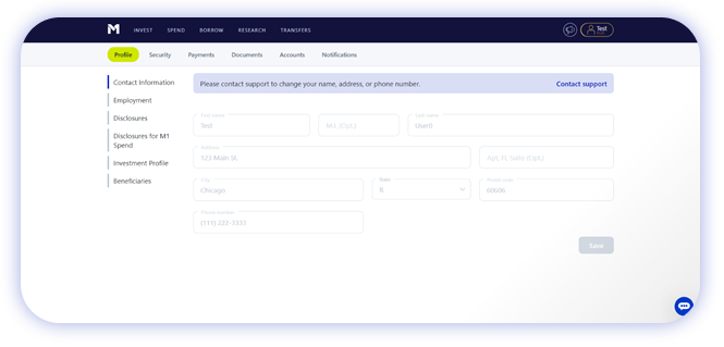 M1 Finance web account screen showing settings tab