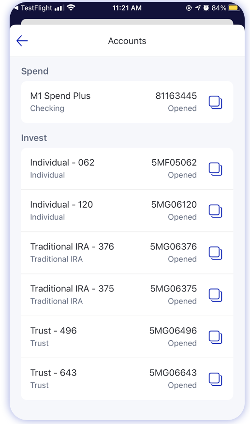 M1 Finance mobile account screen showing all account numbers in settings tab