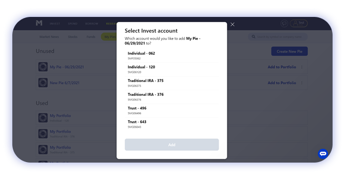M1 Finance web account screen add pie to invest account