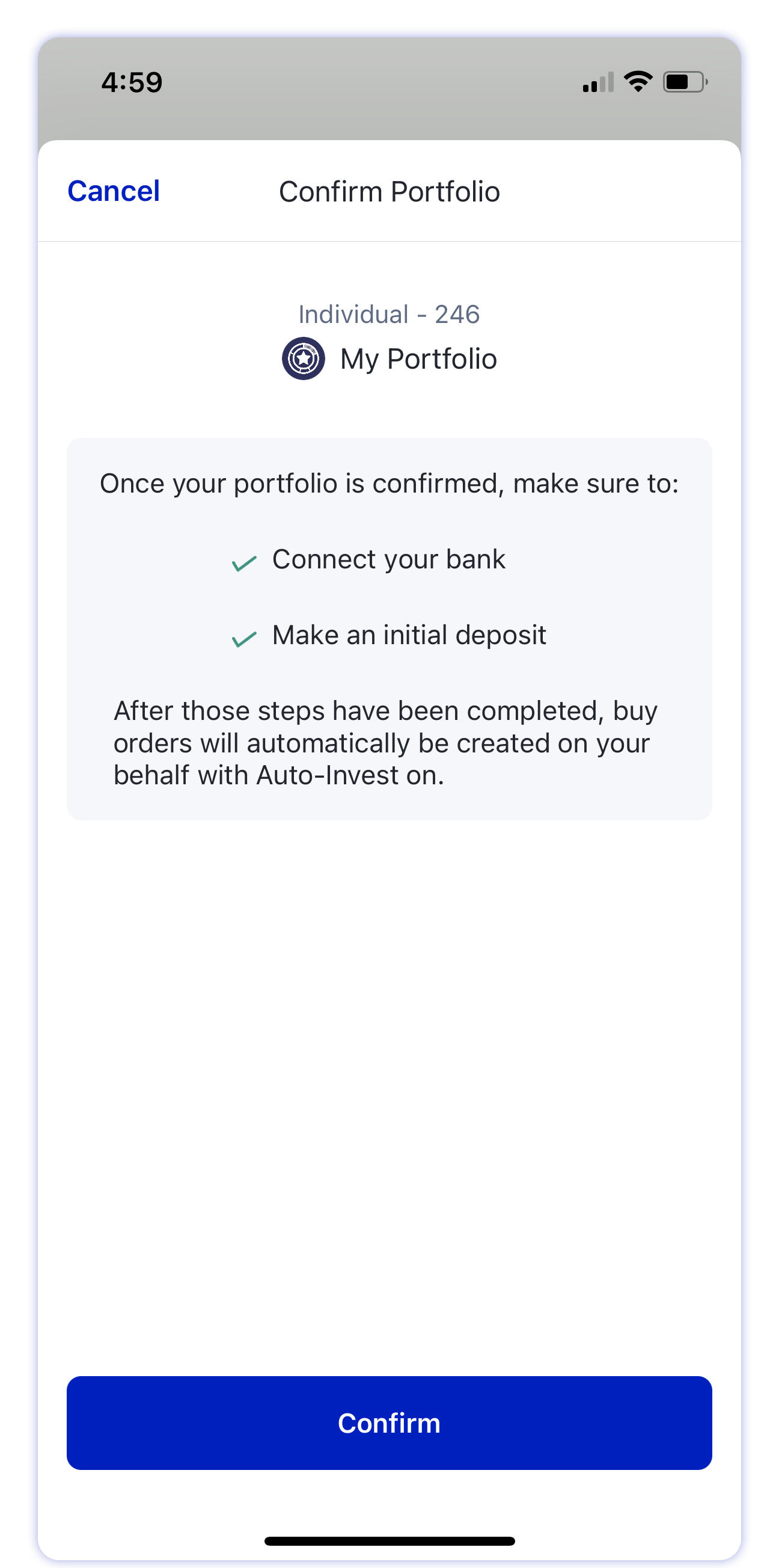 M1 Finance mobile account screen confirm portfolio