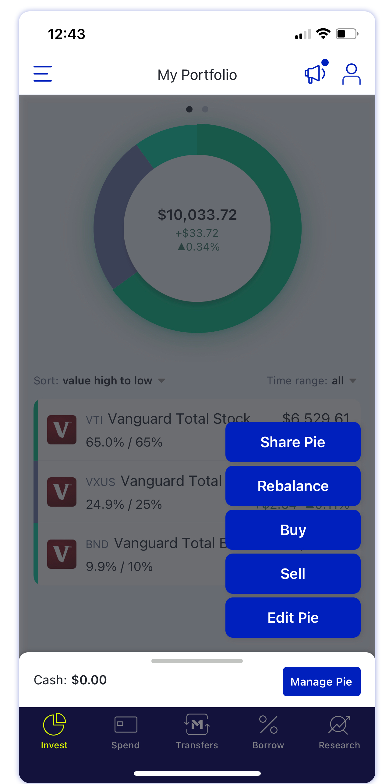 M1 Finance mobile account screen manage pie