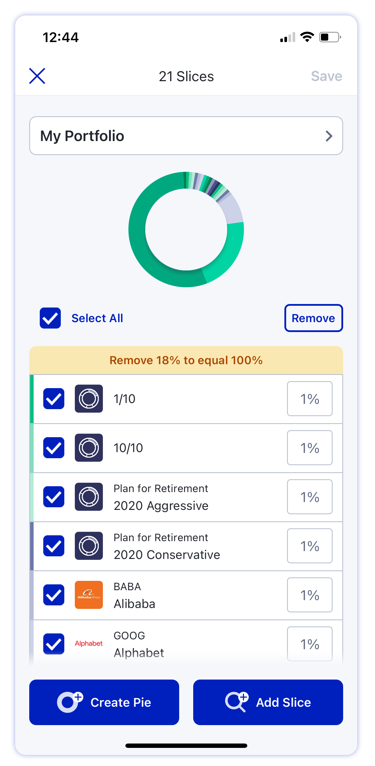 M1 Finance mobile account screen edit target percentages