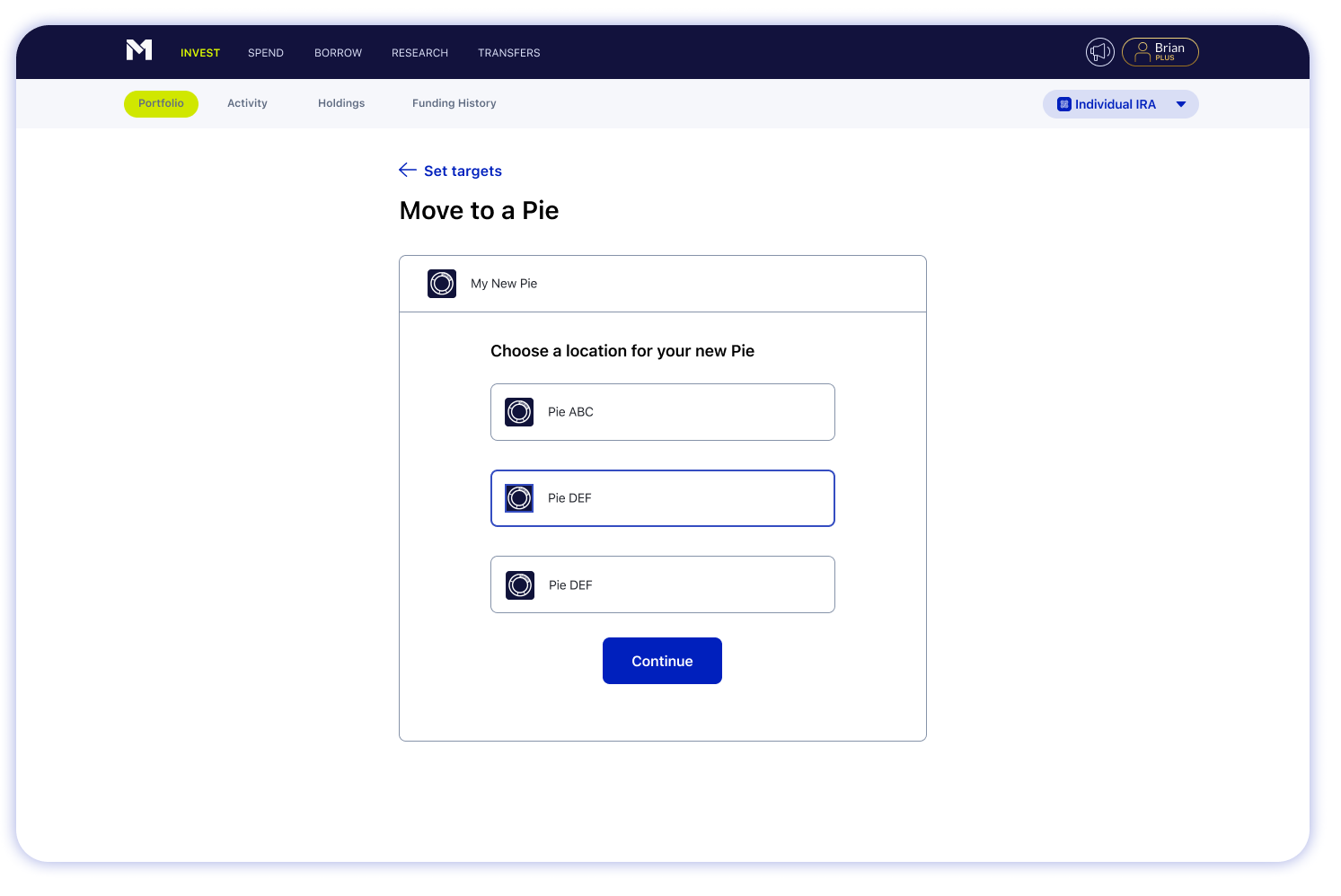 M1 Finance web account screen received securities move to a Pie