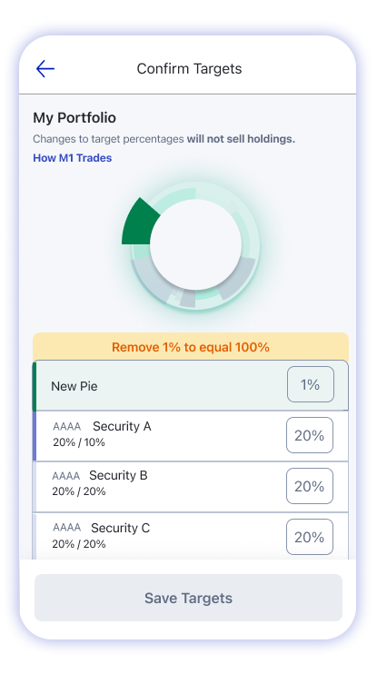 M1 Finance mobile account received securities screen confirm targets 100%