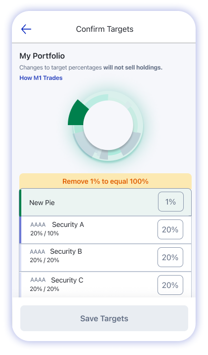 M1 Finance mobile account screen received securities select a Pie