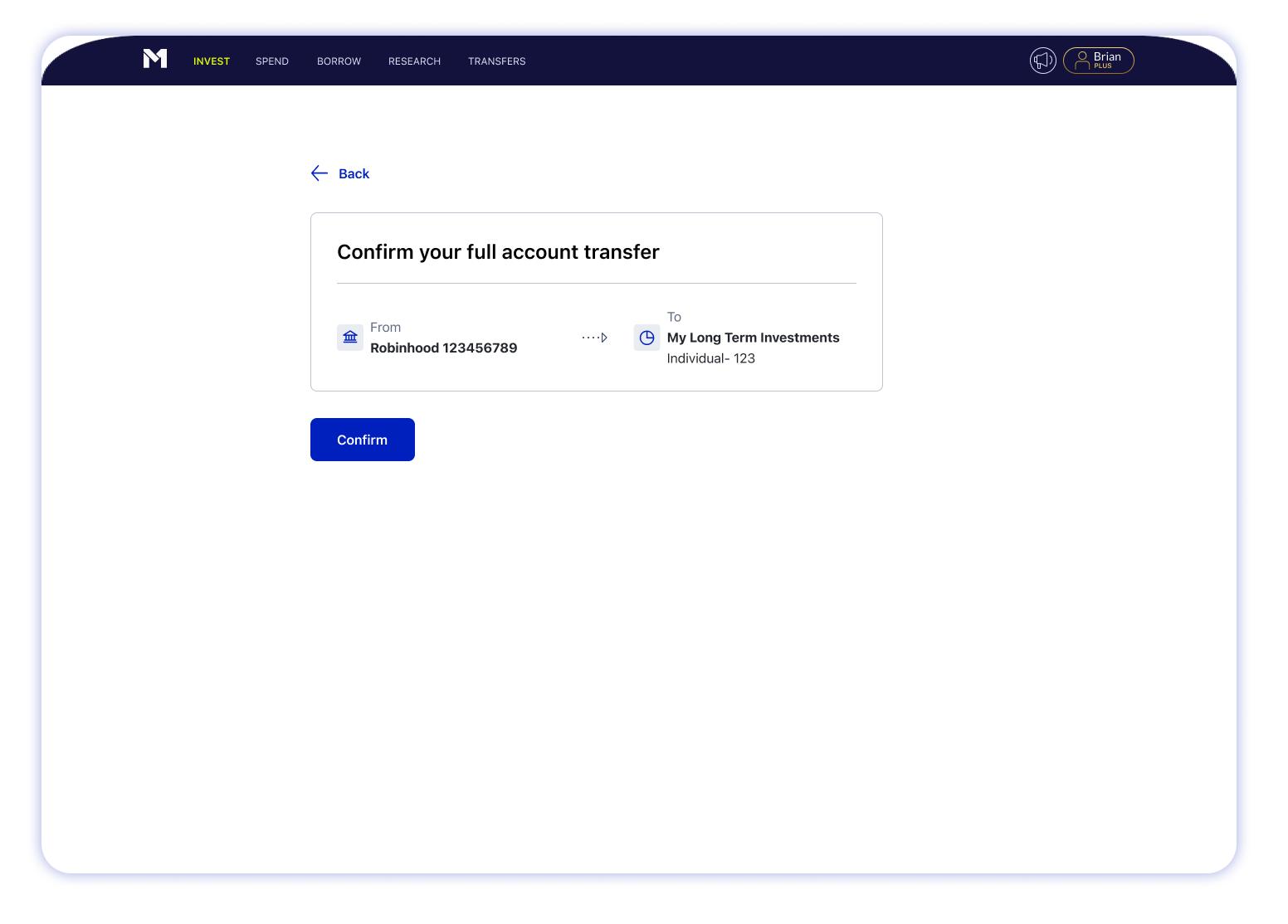 M1 Finance web account screen confirm transfer details