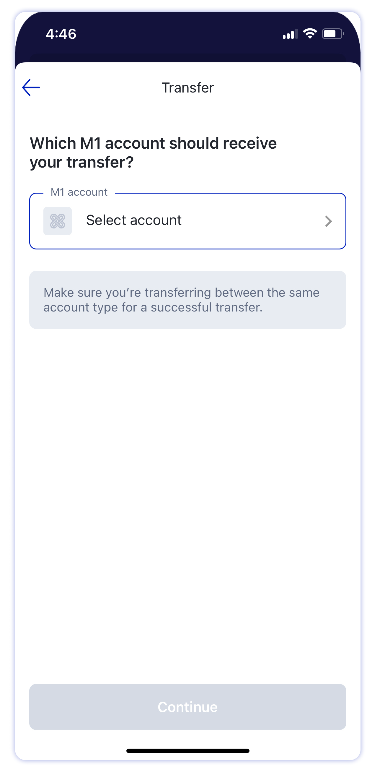 M1 Finance mobile account screen what account should recieve the transfer